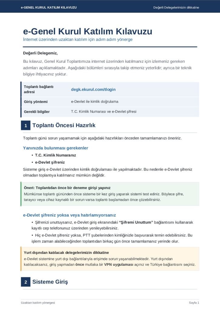 e-Genel Kurul Katılım Kılavuzu ilk sayfa önizlemesi